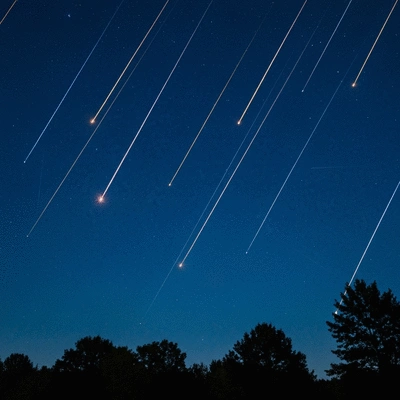 Vibrant meteor shower streaking across a dark night sky filled with stars