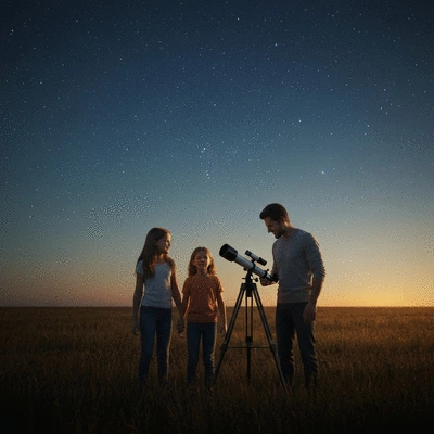 Family stargazing together with a telescope in a field at night
