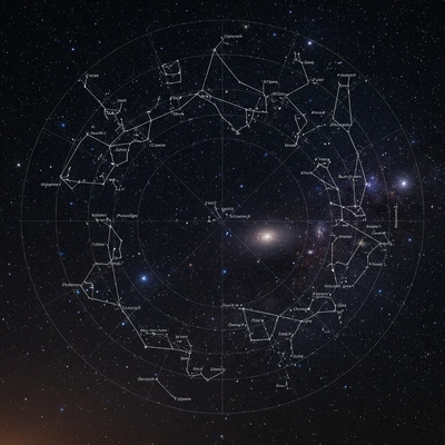 Detailed astronomical star chart of the Southern Hemisphere sky
