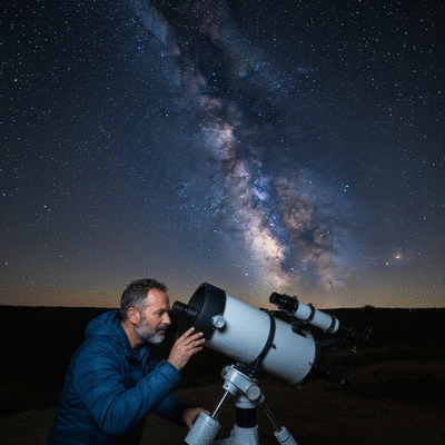 Person looking through a telescope at a starry night sky