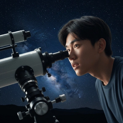 Astronomy enthusiast looking through a telescope at a starry night sky