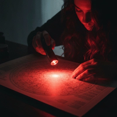 Amateur astronomer using a red LED flashlight to read a star chart at night