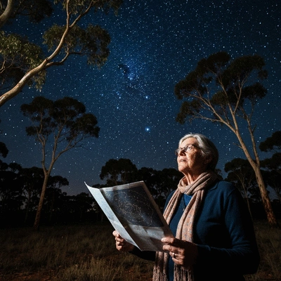 Person using a star chart under a clear starry night sky in the Australian outback