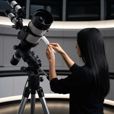 Astronomy enthusiast using a specialized telescope cleaning kit on a tripod-mounted telescope
