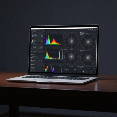 Modern laptop showing deep sky image processing software in a dark room