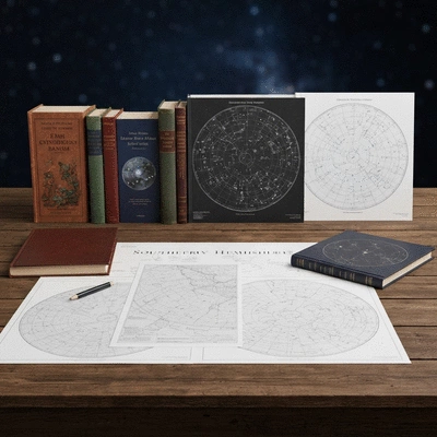 Astronomy books and star charts on a wooden table