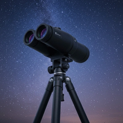 Professional astronomy binoculars on a tripod standing under a starry night sky