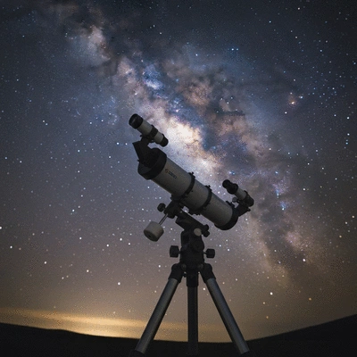 Professional refractor telescope on a tripod under a starry night sky