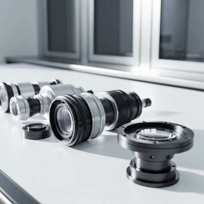 High-tech telescope lens and mechanical components in a research lab