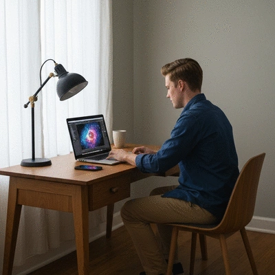 Astrophotographer working on a laptop showing a nebula image