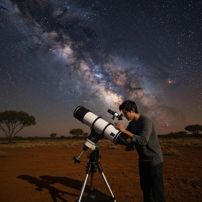 Stargazer using a telescope under the Milky Way in the Australian outback