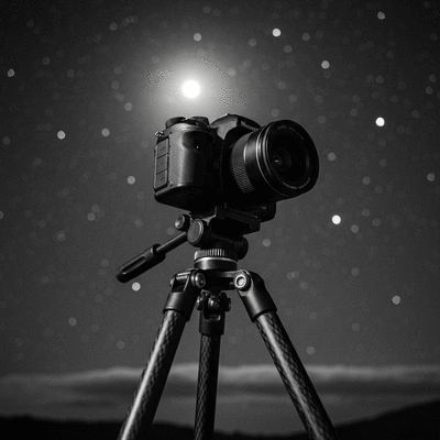 Professional DSLR camera on a sturdy tripod under a starry night sky