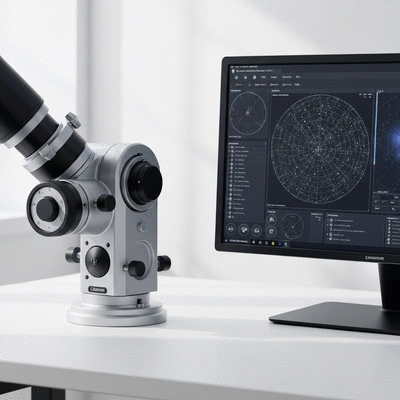 Modern telescope setup next to a computer screen with star charts
