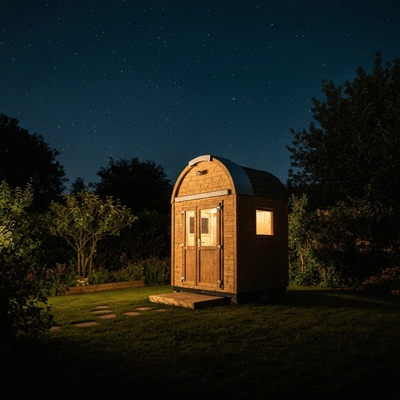 Small wooden backyard observatory with a sliding roof under a starry sky