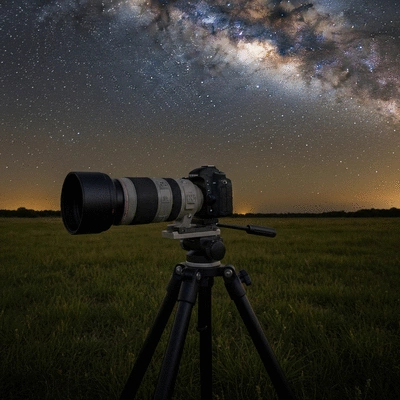 Professional DSLR camera with long lens on a tracking mount under a starry sky