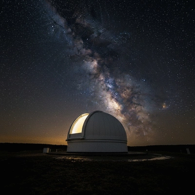 Modern professional observatory dome at night under a starry sky