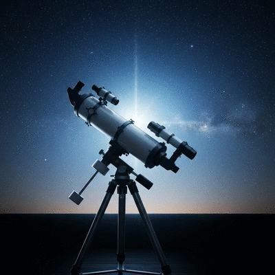Professional telescope pointed at a starry night sky with a visible planet
