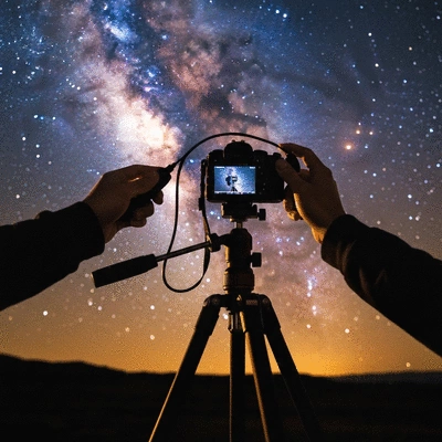 Photographer using a remote shutter release to take photos of the Milky Way galaxy